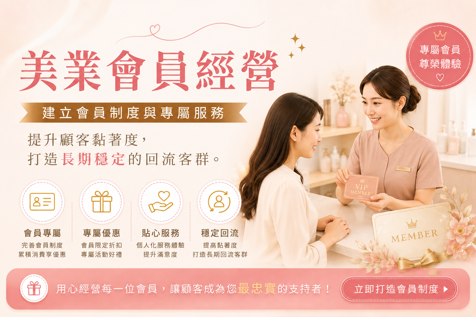 會員經營：建立會員制度與專屬服務,提升顧客黏著度,打造長期穩定的回流客群。